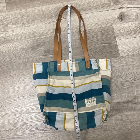 FEED Projects Canvas Market Tote Sea Blue Shopping Leather Straps Bag - Picture 14 of 16